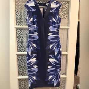 New York company navy blue floral stretch bodycon v neck dress medium